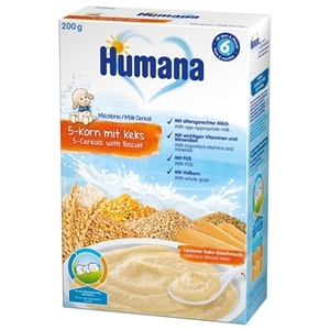 Каша Humana молочная 5 злаков с печеньем 200г (775559)