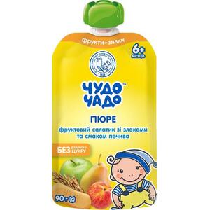 Пюре Чудо-чадо фруктовый салатик с печеньем и злаками без сахара с 6-ти мес. 90 г (пауч)